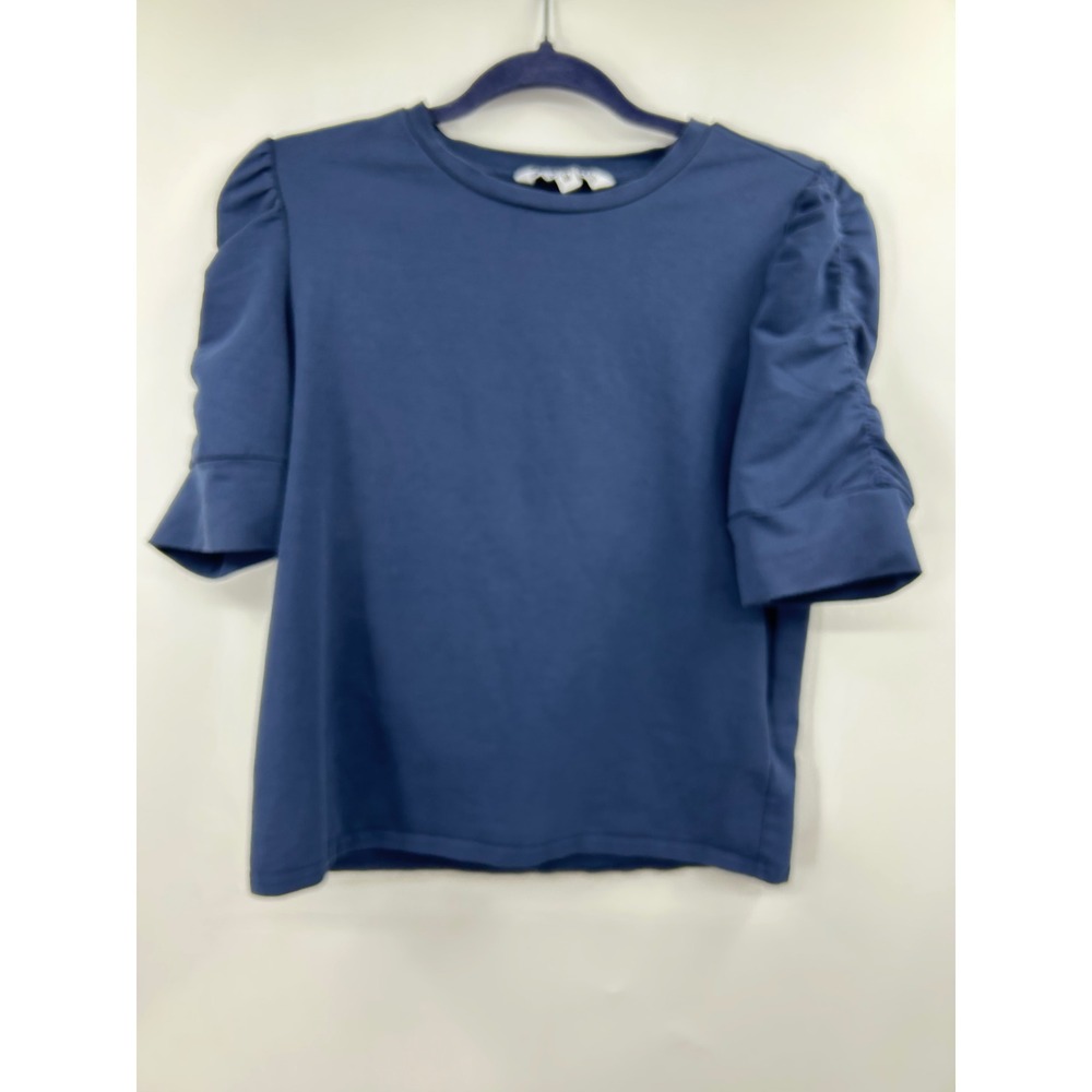 Walter Baker Skippy Navy Blue Puff Ruched Sleeve Knit Top Crew Neck Size M